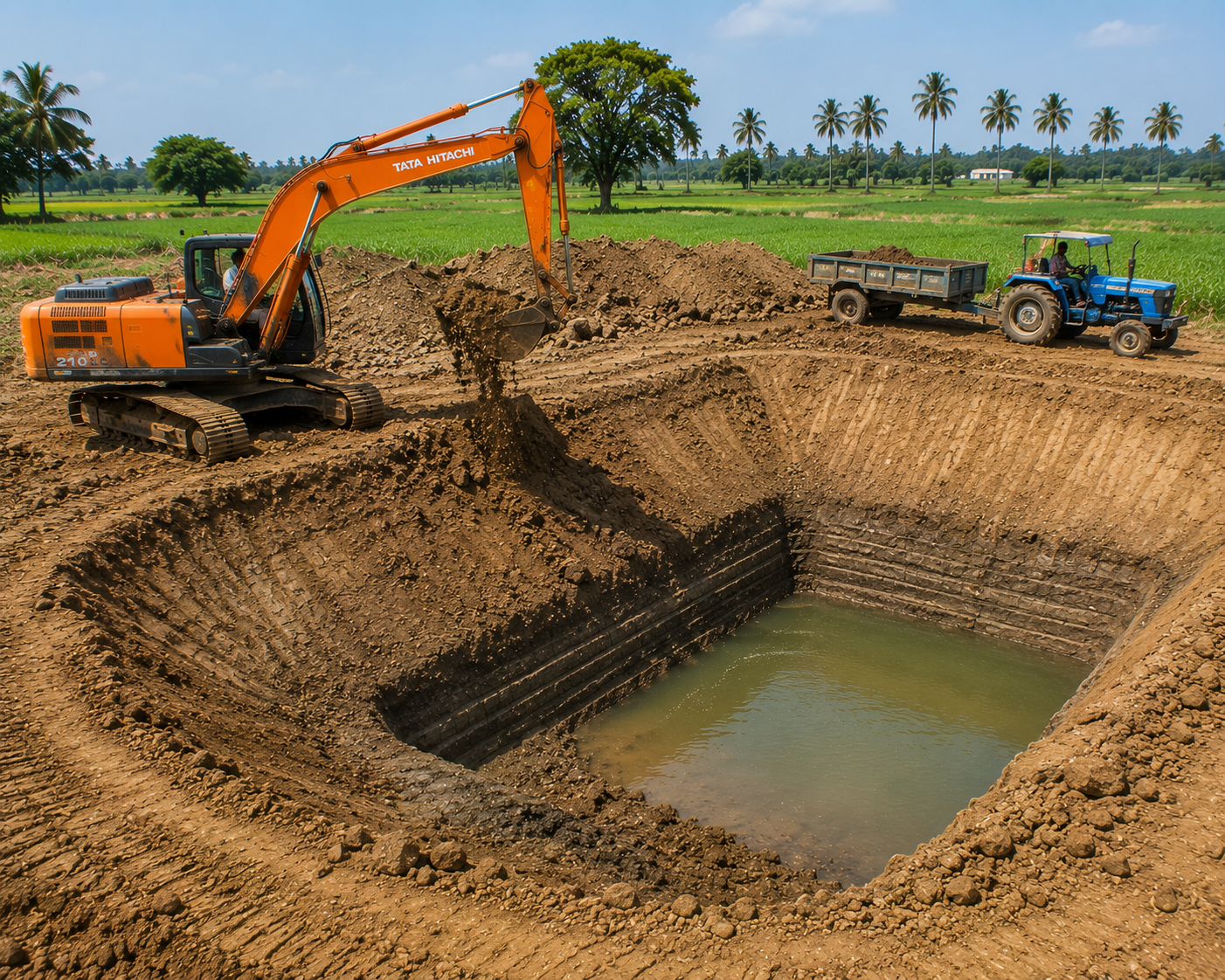 Farm pond excavation contractor building agricultural pond for water storage Tamil Nadu